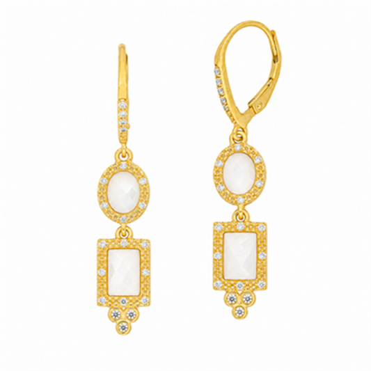 The Freida Rothman MOP Harlequin Double Drop Leverback Earrings (YZEL020065B-MOP) feature oval and rectangular white gemstones framed by clear stones in a vintage-inspired design, finished with secure leverback closures.