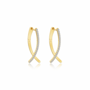 Introducing the Lafonn ER CL S.S. GP 0.38 CTW Crossover Oval Hoop Earrings, a pair of gold earrings showcasing a sleek, curved design. Each earring is adorned with 0.38 carat total weight of small, sparkling diamonds, forming an elegant and sophisticated look. The delicate curves intersect at the bottom, creating a distinctive crossover X-shaped silhouette.