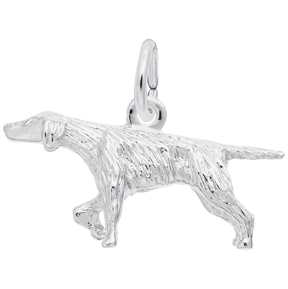Introducing the Pointer Dog Charm from Rembrandt Charms, crafted in sterling silver. This charm features a dog with pointed ears and a tail, elegantly depicted in a walking pose. It includes a loop at the top for easy attachment to bracelets or necklaces and boasts a textured surface that beautifully mimics the dog's fur.