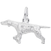 Introducing the Pointer Dog Charm from Rembrandt Charms, crafted in sterling silver. This charm features a dog with pointed ears and a tail, elegantly depicted in a walking pose. It includes a loop at the top for easy attachment to bracelets or necklaces and boasts a textured surface that beautifully mimics the dog's fur.