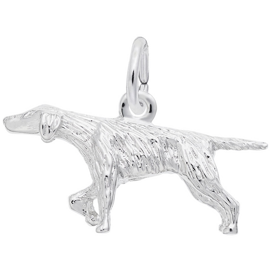 Introducing the Pointer Dog Charm from Rembrandt Charms, crafted in sterling silver. This charm features a dog with pointed ears and a tail, elegantly depicted in a walking pose. It includes a loop at the top for easy attachment to bracelets or necklaces and boasts a textured surface that beautifully mimics the dog's fur.