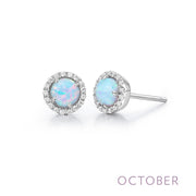 Introducing the Lafonn October Birthstone Earrings: A stunning pair of halo stud earrings showcasing simulated opals surrounded by a circular halo of small diamonds, all set in silver. These earrings feature a white base with iridescent, colorful reflections. The word "October" appears in purple text at the bottom right corner, marking the birthstone month.