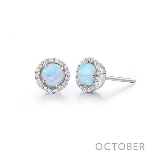 Introducing the Lafonn October Birthstone Earrings: A stunning pair of halo stud earrings showcasing simulated opals surrounded by a circular halo of small diamonds, all set in silver. These earrings feature a white base with iridescent, colorful reflections. The word "October" appears in purple text at the bottom right corner, marking the birthstone month.