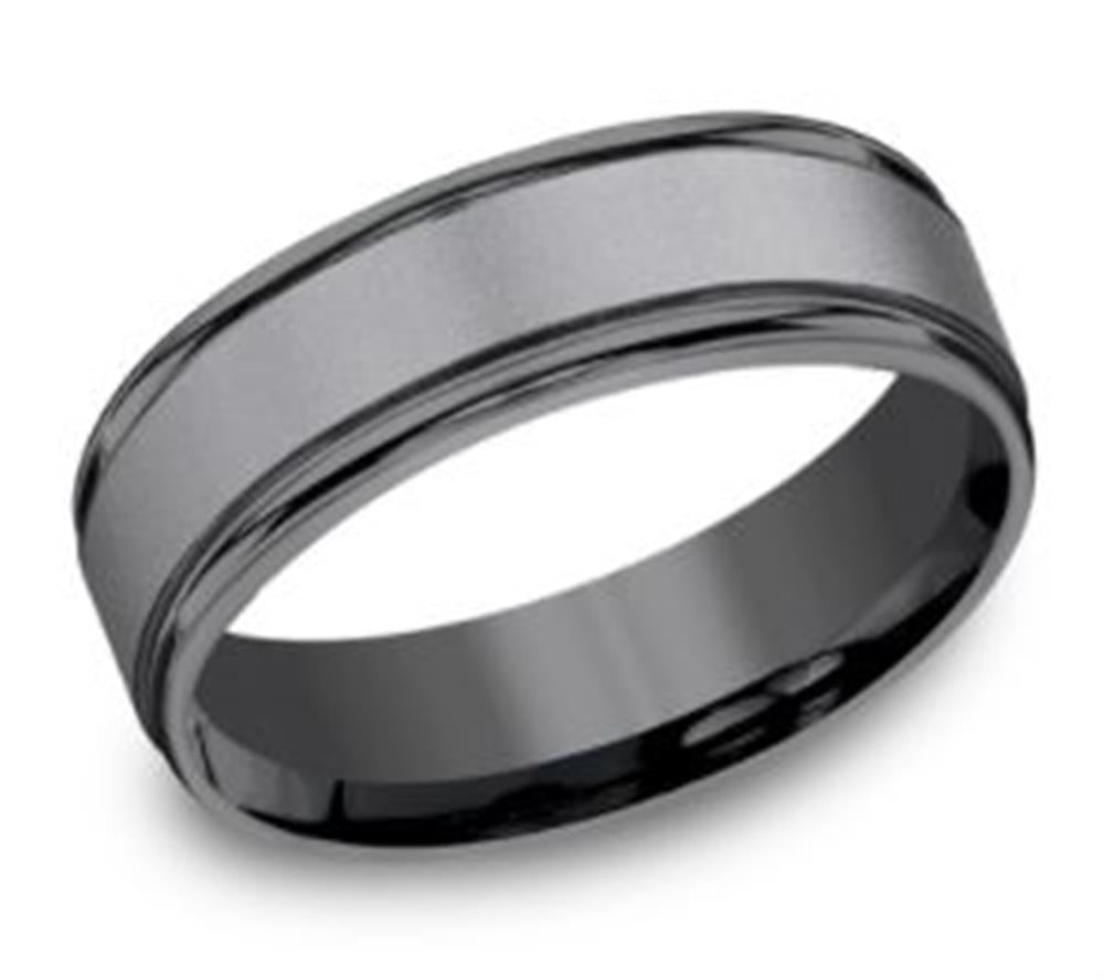 The 7mm Tantalum Sand Blasted and Polished Ring by Benchmark Rings is a sleek black men's wedding band featuring a brushed center finish and polished edges. The ring boasts a modern, minimalist design with a smooth, rounded interior for comfortable wear.