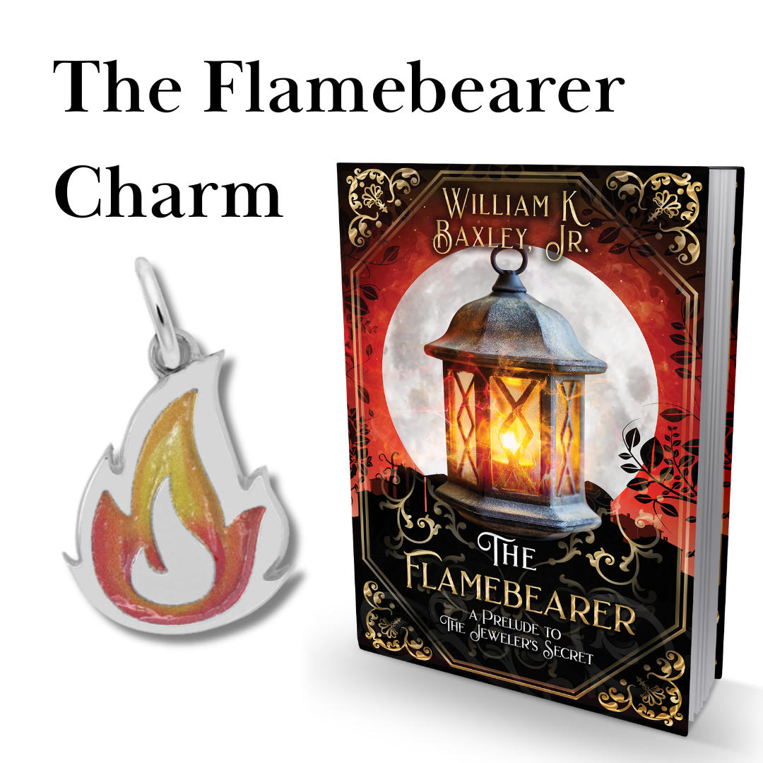 A copy of "The Flamebearer" by William K. Baxley Jr. stands upright beside a Painted Flame Charm in yellow, orange, and red. Text above reads: "Painted Flame Charm | Sterling Silver." Inspired by Rembrandt Charms.