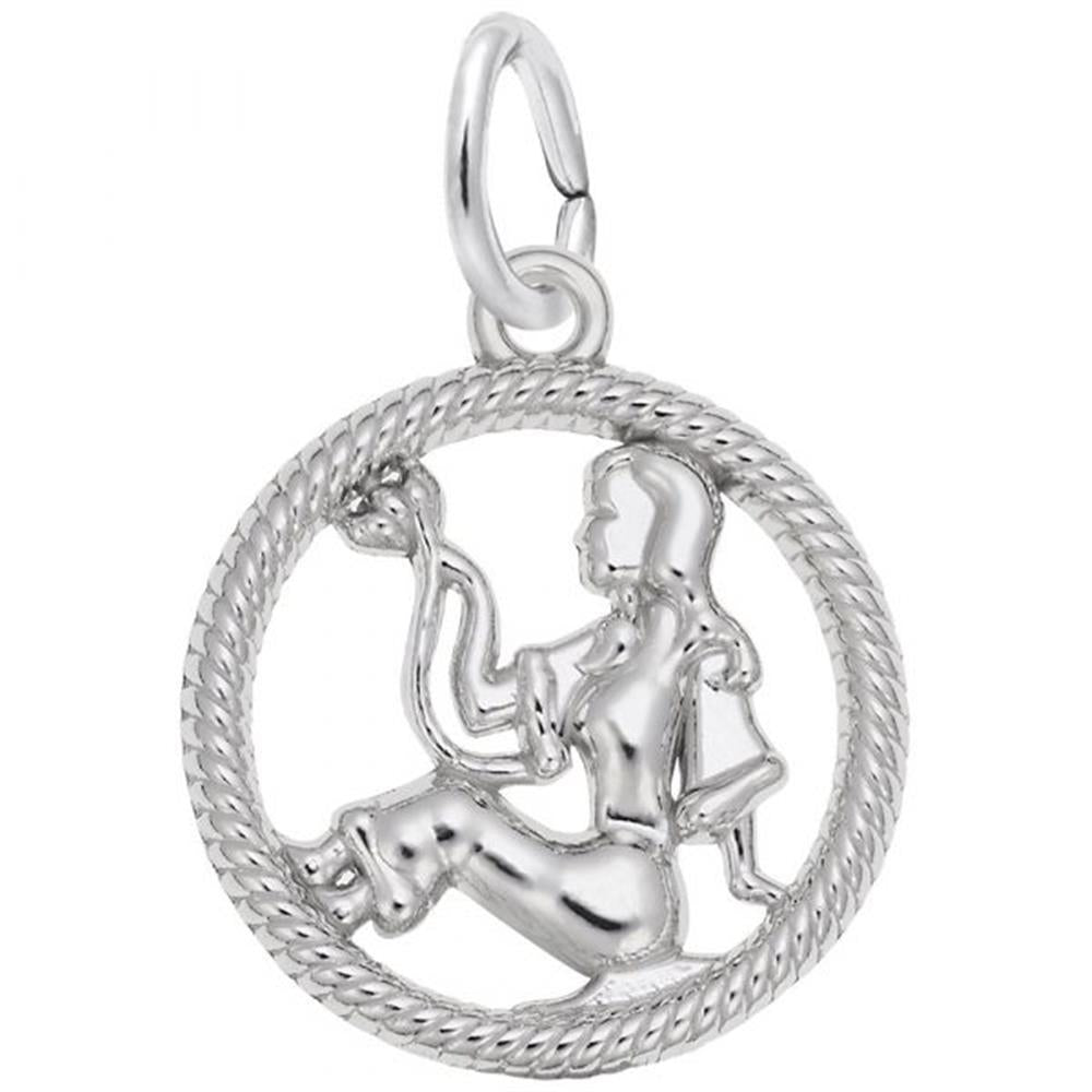 The Rembrandt Charms Virgo Charm in sterling silver features a detailed, seated figure holding a snake, encircled by a rope-patterned border. Its intricate design showcases smooth, polished surfaces and includes a loop at the top for attaching to a chain or bracelet.