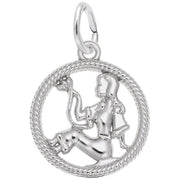 The Rembrandt Charms Virgo Charm in sterling silver features a detailed, seated figure holding a snake, encircled by a rope-patterned border. Its intricate design showcases smooth, polished surfaces and includes a loop at the top for attaching to a chain or bracelet.