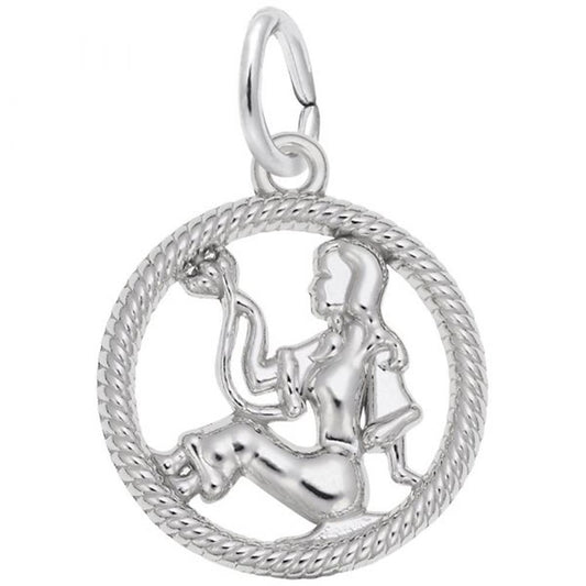 The Rembrandt Charms Virgo Charm in sterling silver features a detailed, seated figure holding a snake, encircled by a rope-patterned border. Its intricate design showcases smooth, polished surfaces and includes a loop at the top for attaching to a chain or bracelet.