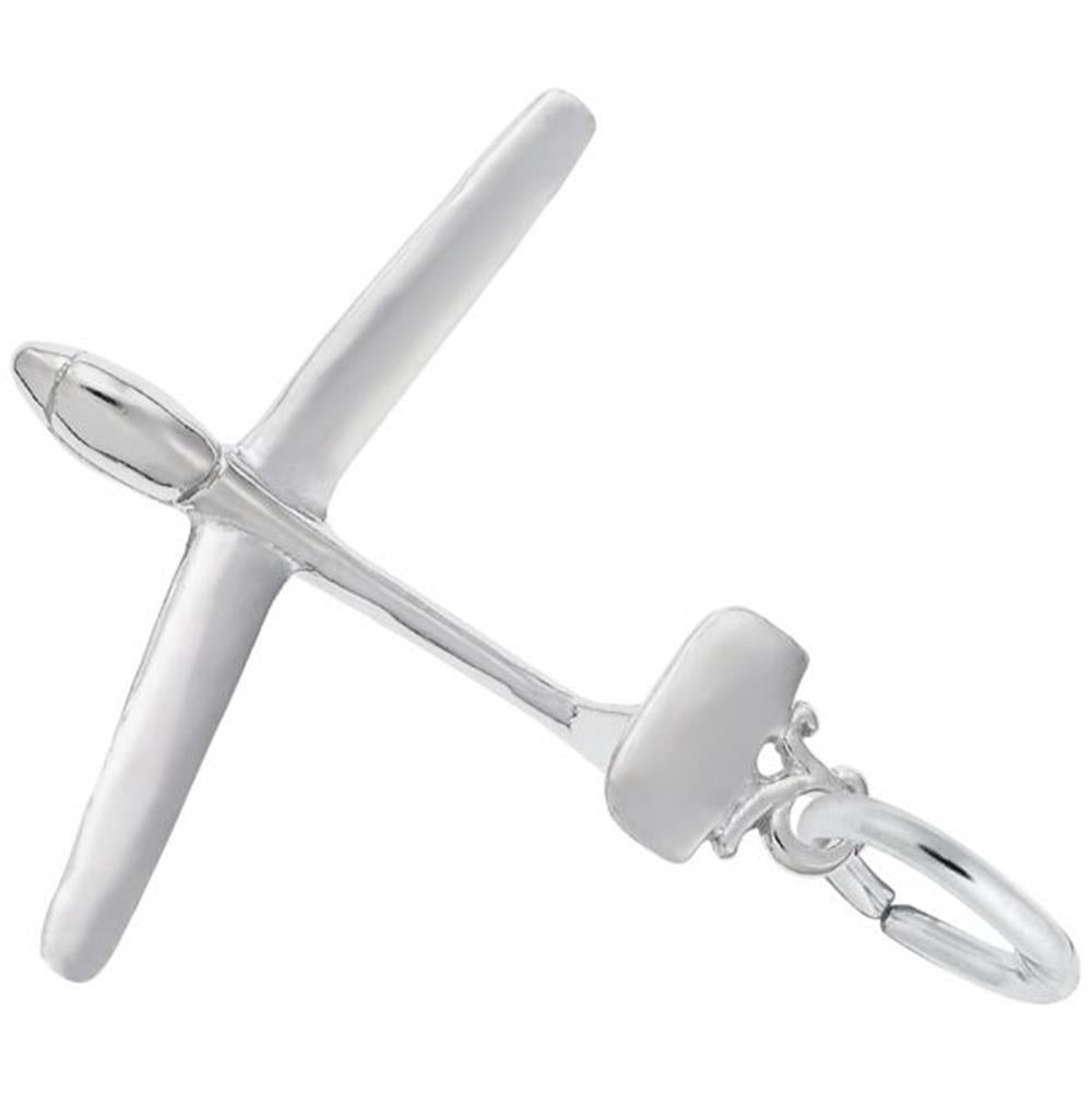 Introducing the Glider Charm by Rembrandt Charms, a sophisticated sterling silver accessory designed in the shape of an airplane. This charm showcases intricate details on both the fuselage and wings, and includes a convenient loop for effortless attachment to any chain or bracelet, blending modern style with timeless elegance.
