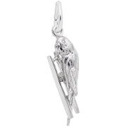 A stunning piece from Rembrandt Charms, the Budgie Bird Charm in sterling silver features an intricately detailed budgie with textured feathers, perched gracefully on a thin, rectangular bar. This charm includes a small loop at the top for easily attaching it to your favorite necklace or bracelet.