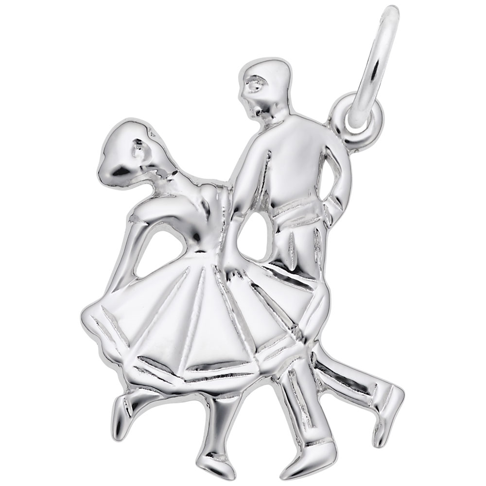 The Square Dansers – Sterling Silver Charm by Rembrandt Charms features two dancers—one in a flared skirt, one in pants—holding hands mid-step in a lively pose.
