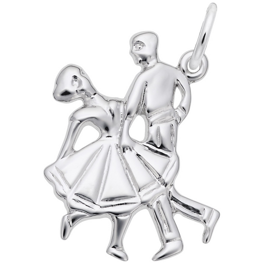 The Square Dansers – Sterling Silver Charm by Rembrandt Charms features two dancers—one in a flared skirt, one in pants—holding hands mid-step in a lively pose.