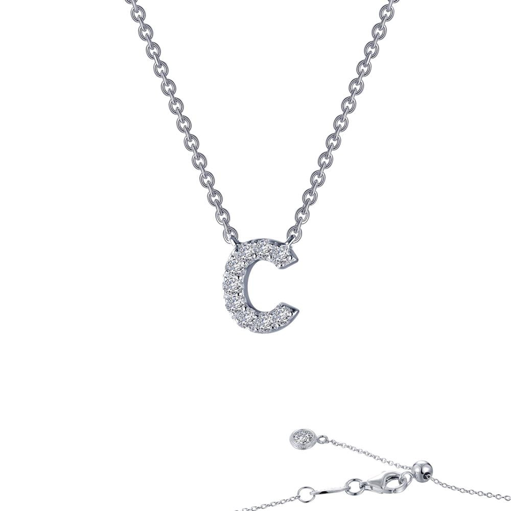The Lafonn Letter C Pendant Necklace is an elegant silver piece with a diamond-encrusted letter C pendant. It features a fine, delicate chain and an adjustable clasp for a perfect fit.