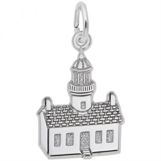 The PT Loma, CA Charm in Sterling Silver from Rembrandt Charms is designed as a church-like structure featuring intricate brickwork, windows, a door, and a steeple. It includes a loop at the top for easy attachment to nautical-themed jewelry such as bracelets or necklaces.