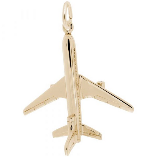 The "gp plane" by Rembrandt Charms is a gold model airplane pendant featuring detailed wings and a tail section, designed to hang from a loop at the top.