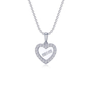 The Mom Heart Necklace by Lafonn is a sterling silver piece featuring a heart-shaped pendant engraved with the word "mom" in the center. The pendant is adorned with small, simulated diamonds around the border and hangs from a delicate chain, making this timeless classic truly special.