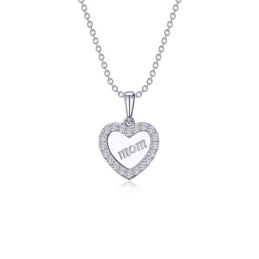 The Mom Heart Necklace by Lafonn is a sterling silver piece featuring a heart-shaped pendant engraved with the word "mom" in the center. The pendant is adorned with small, simulated diamonds around the border and hangs from a delicate chain, making this timeless classic truly special.
