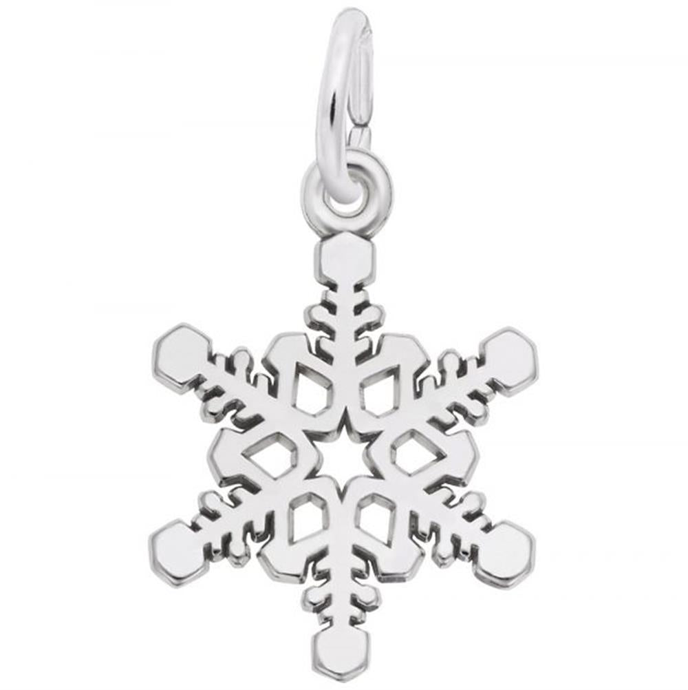 The Snowflake Charm by Rembrandt Charms is crafted from sterling silver and showcases intricate cut-out details with six symmetrical arms. It includes a small hoop at the top, perfect for attaching to a chain or bracelet.