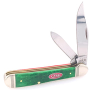 A folding pocket knife with two open blades, featuring a Magician's Bright Green Limited Edition 2021 handle from W.R. Case & Sons Cutlery Co. The handle has brass accents, gold pins, and a red oval emblem with white "CASE" text. The larger blade is engraved with "CASE XX" near the base.