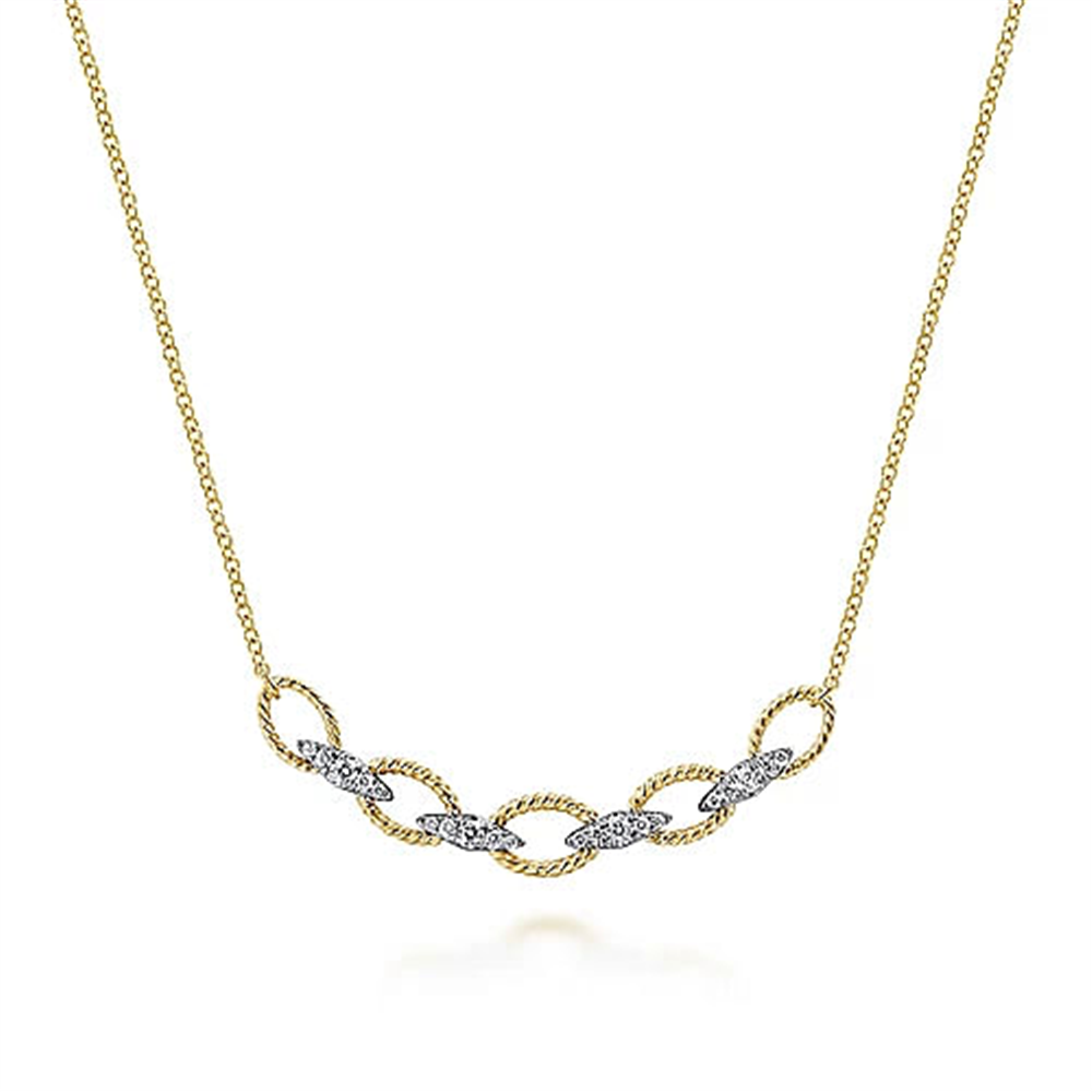 A sophisticated gold chain necklace by Gabriel & Co, the 14K Yellow-White Gold Twisted Rope Oval Link Necklace features an elegant intertwined rope design at the center, accentuated with sparkling diamond accents.