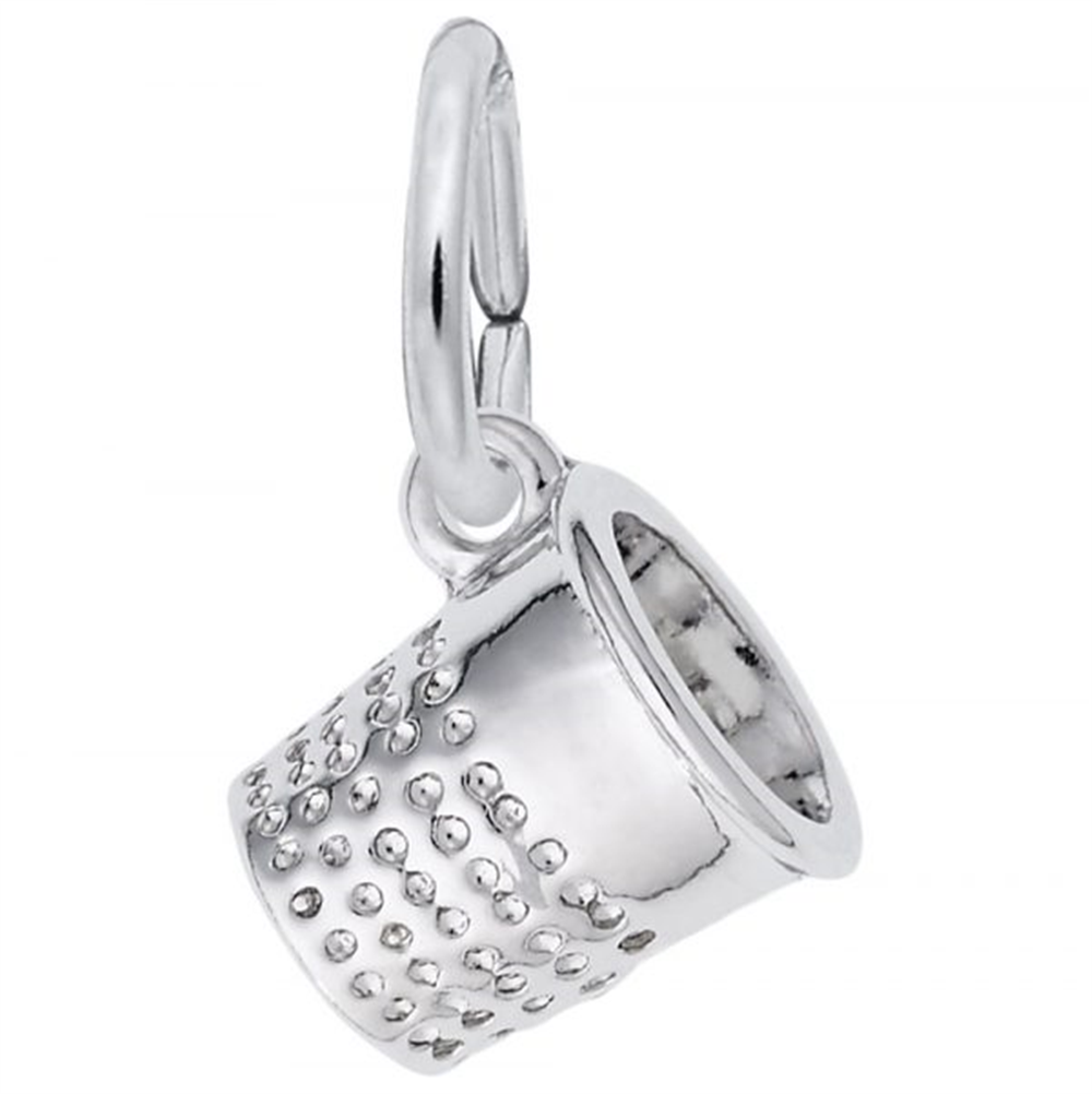 The Rembrandt Charms Thimble Charm—Sterling Silver is a petite, handcrafted charm with a textured dotted surface and an attached loop, perfect for adding to a bracelet or necklace. An ideal keepsake and thoughtful sewing-themed gift for craft enthusiasts.