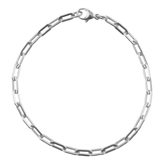A close-up image of the Rembrandt Charms paperclip SMALL 8' -ss bracelet, featuring elongated oval links resembling paperclips and a lobster clasp closure at the top. The stainless steel chain bracelet is arranged in a circular shape on a white background.