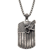 The Gun Metal Plated Rugged American Flag with a Polished Steel 3D Eagle Pendant on a Box Chain by INOX is a striking men's necklace perfect for any occasion. Featuring a rectangular dog tag design, the pendant showcases an American flag with a three-dimensional eagle perched on the stars and wings outstretched. The chain comprises small, interlocking square links, adding to its bold and distinctive look.