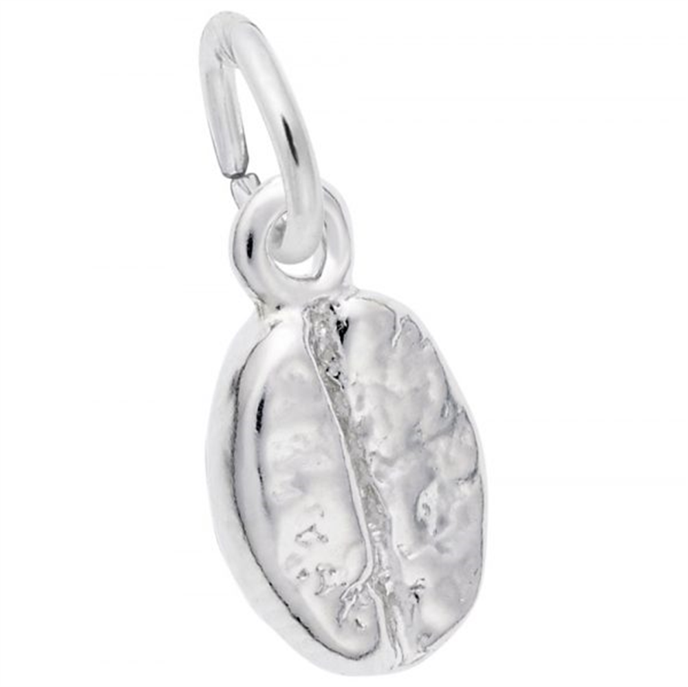 Experience the intricate design of the Coffee Bean Charm in Sterling Silver by Rembrandt Charms. This piece captures the natural lines and curves of a real coffee bean, complete with a small loop for attachment.