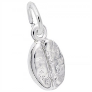 Experience the intricate design of the Coffee Bean Charm in Sterling Silver by Rembrandt Charms. This piece captures the natural lines and curves of a real coffee bean, complete with a small loop for attachment.