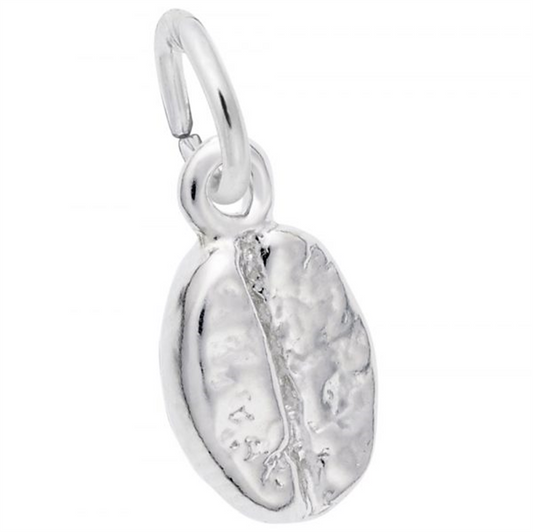 Experience the intricate design of the Coffee Bean Charm in Sterling Silver by Rembrandt Charms. This piece captures the natural lines and curves of a real coffee bean, complete with a small loop for attachment.