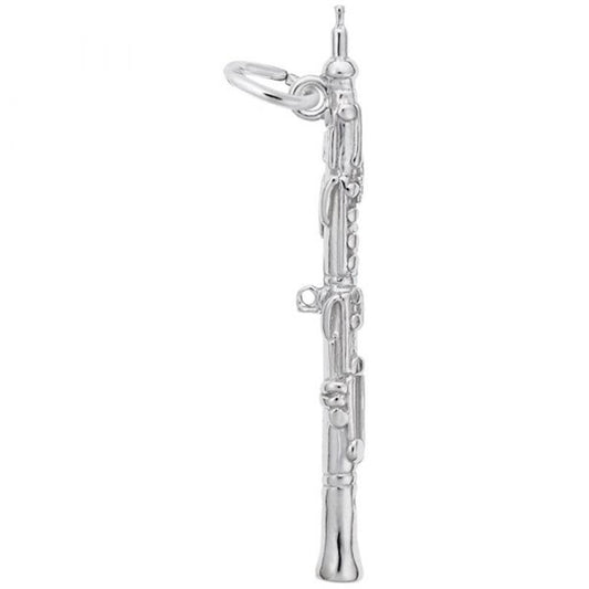The Oboe Charm / Sterling Silver by Rembrandt Charms features intricate detailing and an attachment ring at the top, making it perfect for a bracelet or necklace.