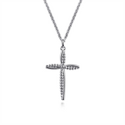 The Gabriel & Co 925 Sterling Silver Bujukan Cross Pendant Necklace from the Bujukan Collection showcases a silver cross embellished with delicate beads, gracefully hanging from a slender sterling silver chain. Its understated yet sophisticated design features a polished finish that captures the light beautifully, enhancing the pendant's exquisite craftsmanship.