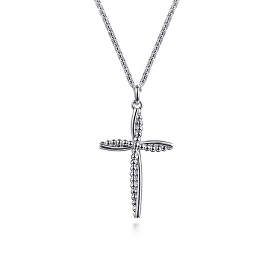 The Gabriel & Co 925 Sterling Silver Bujukan Cross Pendant Necklace from the Bujukan Collection showcases a silver cross embellished with delicate beads, gracefully hanging from a slender sterling silver chain. Its understated yet sophisticated design features a polished finish that captures the light beautifully, enhancing the pendant's exquisite craftsmanship.