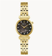 The Bulova Regatta 97P173 is a gold tone ladies watch featuring a black MOP dial, gold hour and minute hands, diamond markers, and a classic gold link bracelet.