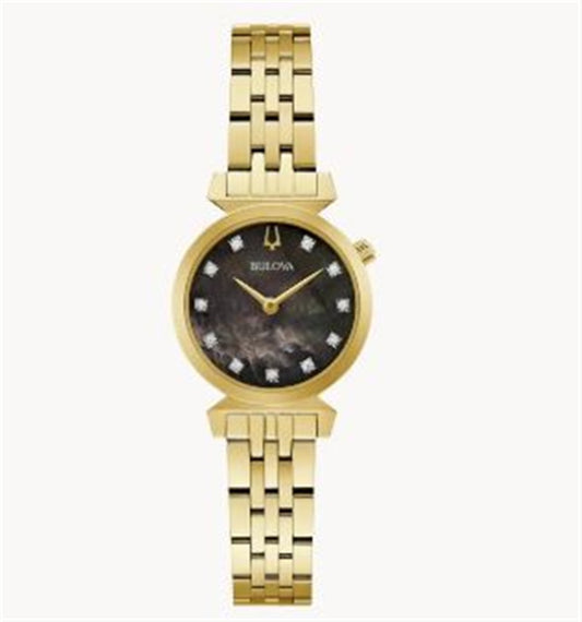 The Bulova Regatta 97P173 is a gold tone ladies watch featuring a black MOP dial, gold hour and minute hands, diamond markers, and a classic gold link bracelet.