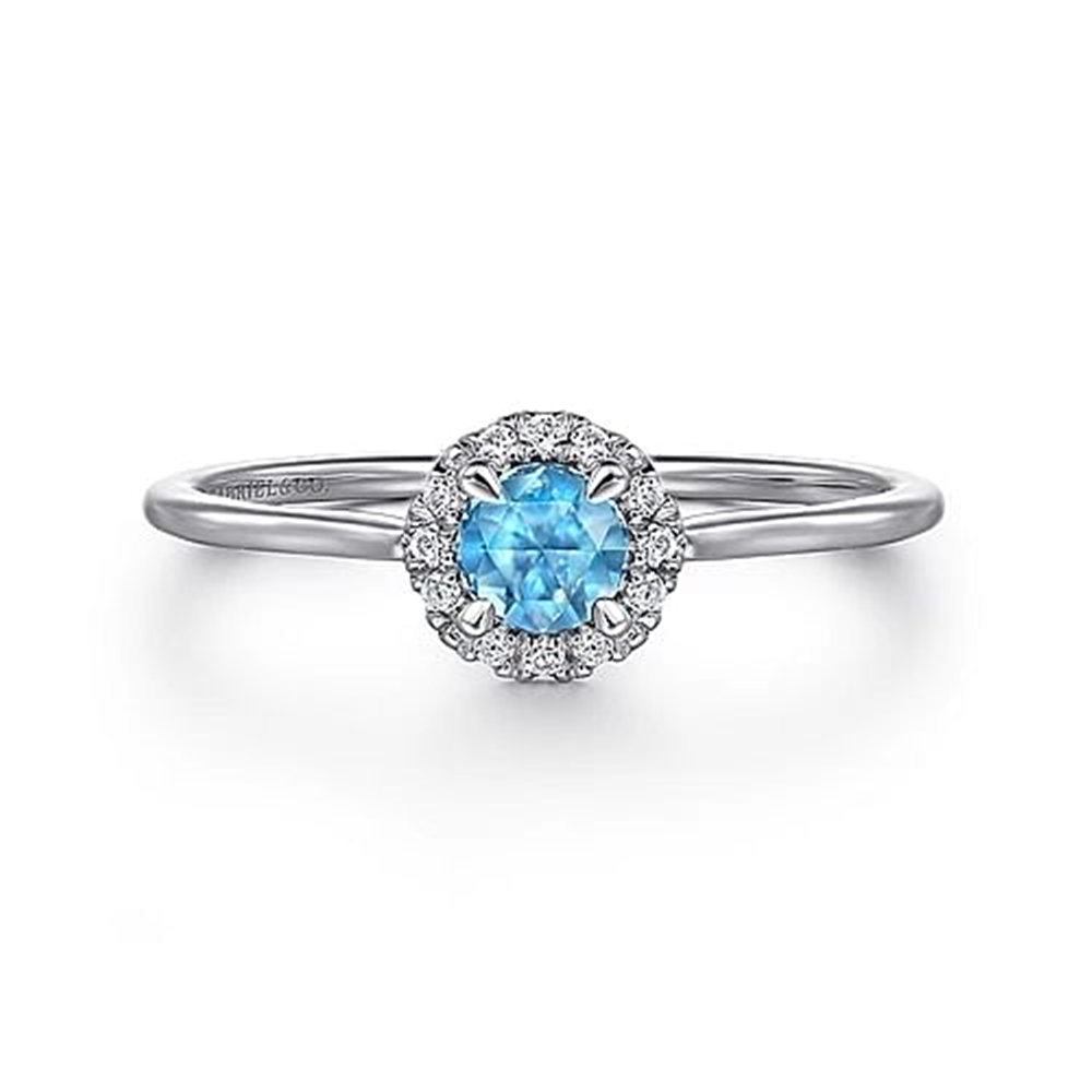 14K White Gold Blue Topaz and Diamond Halo Promise Ring