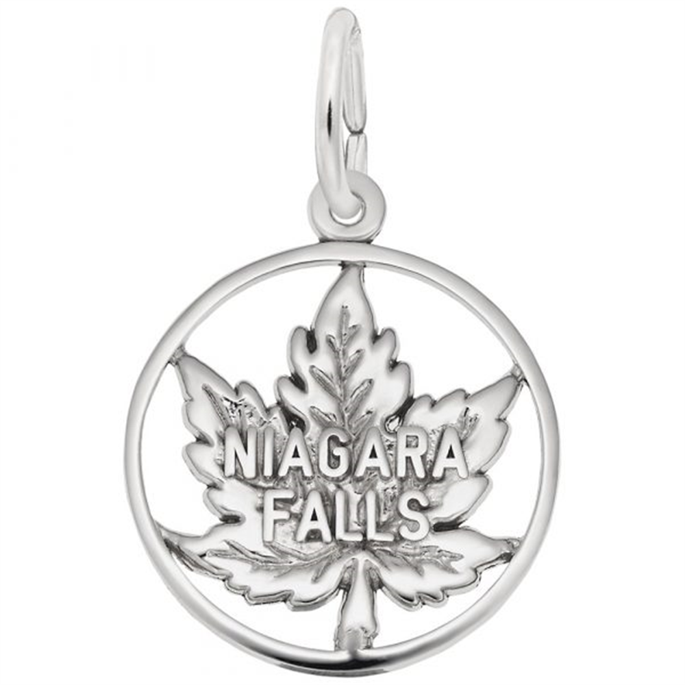 Introducing the Niagra Falls - Sterling Silver Charm by Rembrandt Charms: a beautifully crafted sterling silver pendant featuring a stylized maple leaf encircled within a circular frame. The phrase "NIAGARA FALLS" is prominently displayed across the center of the leaf, making it an exquisite addition to any jewelry collection.
