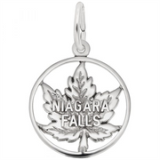 Introducing the Niagra Falls - Sterling Silver Charm by Rembrandt Charms: a beautifully crafted sterling silver pendant featuring a stylized maple leaf encircled within a circular frame. The phrase "NIAGARA FALLS" is prominently displayed across the center of the leaf, making it an exquisite addition to any jewelry collection.