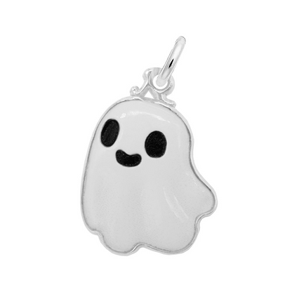 The Rembrandt Charms Painted Cute Ghost Charm- Sterling Silver features a playful ghost design with black eyes and a cheerful, smiling mouth, complete with a small loop at the top for easy attachment to a necklace or bracelet—an ideal choice for Halloween jewelry or as an adorable white enamel charm for your collection.