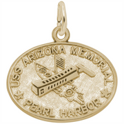The USS Arizona Memorial Charm—Gold Plated by Rembrandt Charms features a gold oval design with raised text reading “USS ARIZONA MEMORIAL PEARL HARBOR” and an image of the memorial structure, accented by stars and waves. This timeless piece of Pearl Harbor jewelry makes a meaningful military remembrance gift.