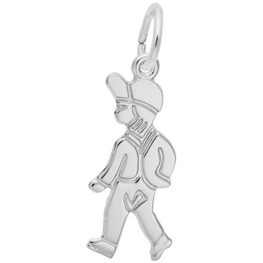 The Rembrandt Charms Walking Boy Charm in sterling silver features a stylized boy wearing a baseball cap and carrying what looks like a backpack or sack. This charming piece includes a loop at the top for attaching to a chain or bracelet.