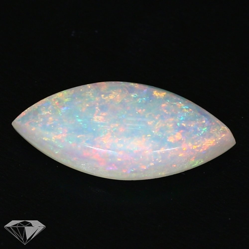 The natural opal marquise (12x6x2) from Authentic Gem Imports features a milky white base with vivid flashes of blue, green, pink, and orange. A small diamond icon is shown in the lower left corner against a black background.