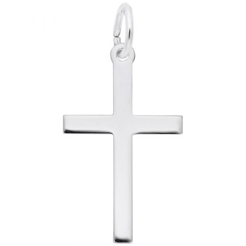 The Medium Thin Cross Charm in Sterling Silver, created by Rembrandt Charms, showcases a smooth, polished finish against a white background. This elegant piece of spiritual jewelry features a minimalist design with the charm attached to a small circular loop at the top.