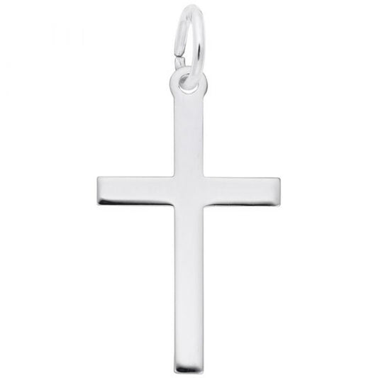 The Medium Thin Cross Charm in Sterling Silver, created by Rembrandt Charms, showcases a smooth, polished finish against a white background. This elegant piece of spiritual jewelry features a minimalist design with the charm attached to a small circular loop at the top.