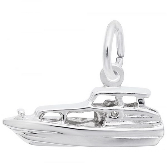 The Yacht Charm in Sterling Silver by Rembrandt Charms is a detailed miniature motorboat with smooth lines, a small cabin with windows, and rounded edges. It features an attached loop at the top for easy hanging.