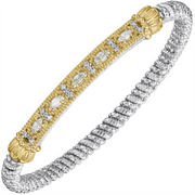 Introducing the Alwand Vahan Jewelry 4mm Closed Bangle Bracelet with Marquise Diamonds, crafted from sterling silver with a twisted band and adorned by a 14k gold decorative bar featuring intricate patterns and sparkling marquise diamond accents.