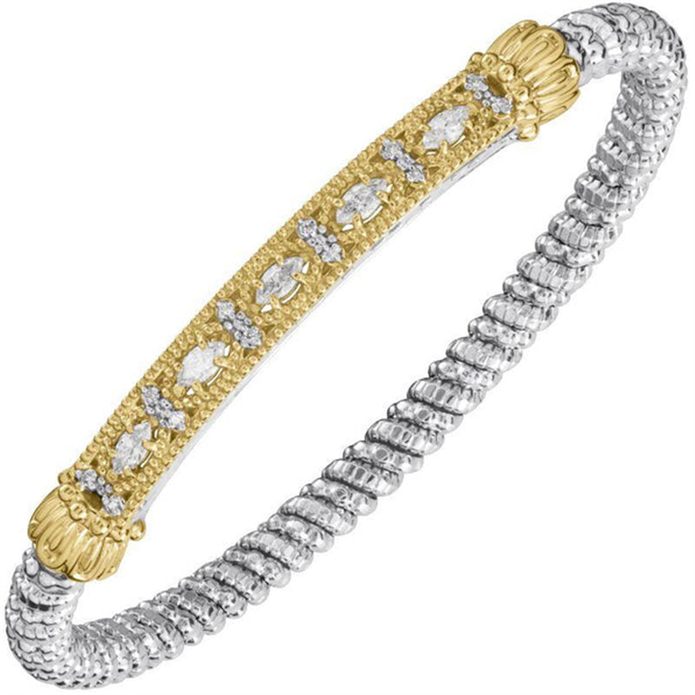 Introducing the Alwand Vahan Jewelry 4mm Closed Bangle Bracelet with Marquise Diamonds, crafted from sterling silver with a twisted band and adorned by a 14k gold decorative bar featuring intricate patterns and sparkling marquise diamond accents.