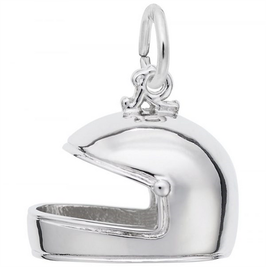 The Racing Helmet Charm from Rembrandt Charms is made of sterling silver and features a shiny, sleek design. With an open front and a small loop at the top, it can easily be attached to a bracelet or necklace. The smooth surface gives it a modern and polished look, making it a stylish addition to any jewelry collection.