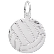 The Volleyball Charm in sterling silver by Rembrandt Charms is shaped like a volleyball, with engraved lines detailing each panel of the ball. This exquisite charm features a small loop at the top, perfect for attaching to a chain or bracelet. The meticulous craftsmanship of Rembrandt Charms stands out against the plain white background.