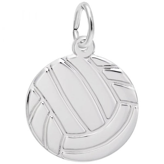 The Volleyball Charm in sterling silver by Rembrandt Charms is shaped like a volleyball, with engraved lines detailing each panel of the ball. This exquisite charm features a small loop at the top, perfect for attaching to a chain or bracelet. The meticulous craftsmanship of Rembrandt Charms stands out against the plain white background.